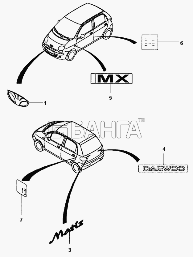 Daewoo Matiz II Схема Эмблемы и надписи-139 banga.ua